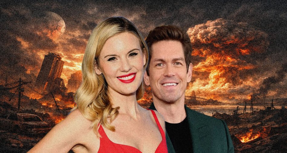Smiling couple posed in front of a fiery, ruined cityscape backdrop.