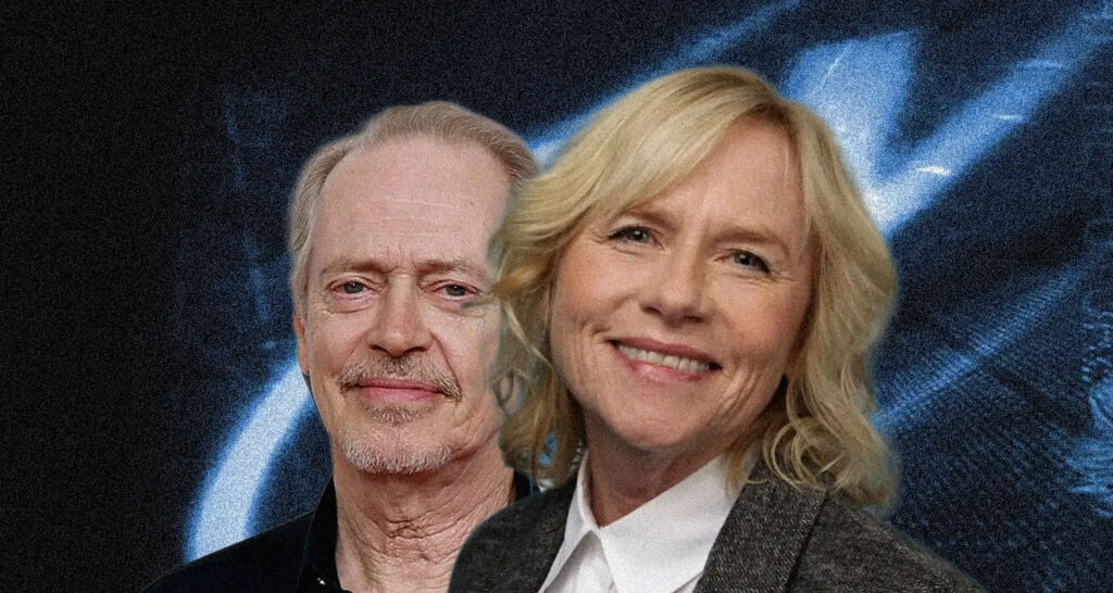 Two smiling adults, a man with light hair and a blonde woman, pose together against a blue abstract backdrop.