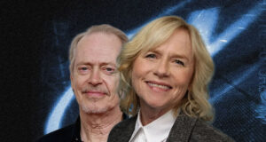 Two smiling adults, a man with light hair and a blonde woman, pose together against a blue abstract backdrop.