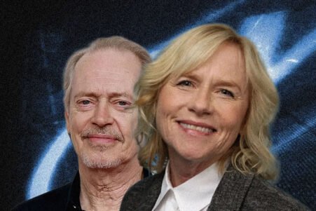 Two smiling adults, a man with light hair and a blonde woman, pose together against a blue abstract backdrop.