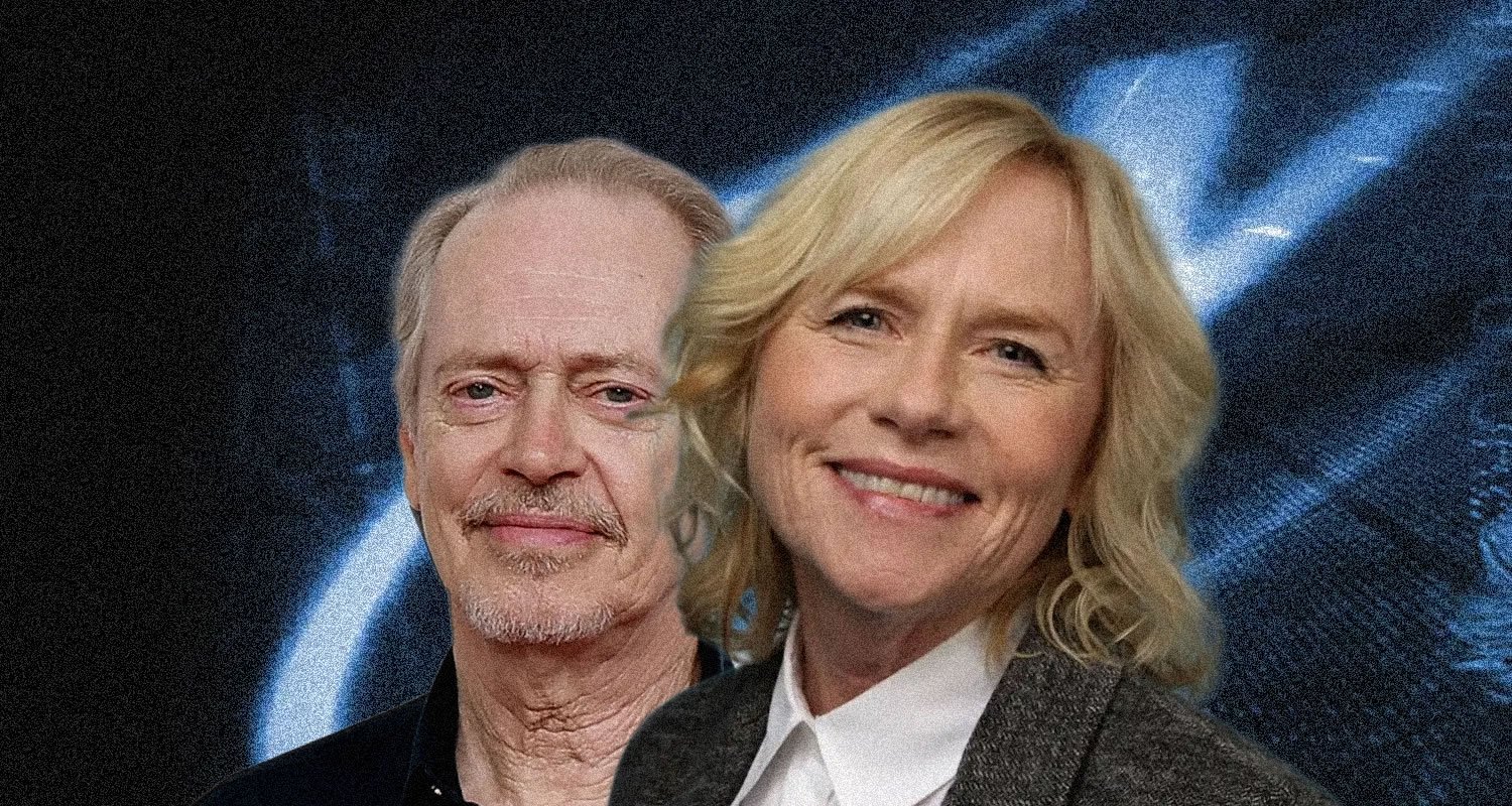 Two smiling adults, a man with light hair and a blonde woman, pose together against a blue abstract backdrop.