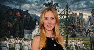 Portrait of a smiling blonde woman in a black sleeveless top, overlaid on a collage of a village festival and a dark fantasy scene with a horse and symbols.