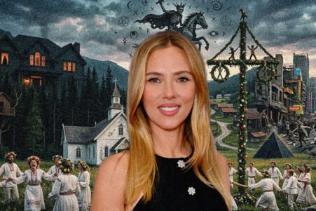 Portrait of a smiling blonde woman in a black sleeveless top, overlaid on a collage of a village festival and a dark fantasy scene with a horse and symbols.