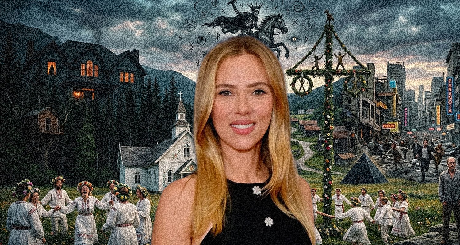 Portrait of a smiling blonde woman in a black sleeveless top, overlaid on a collage of a village festival and a dark fantasy scene with a horse and symbols.