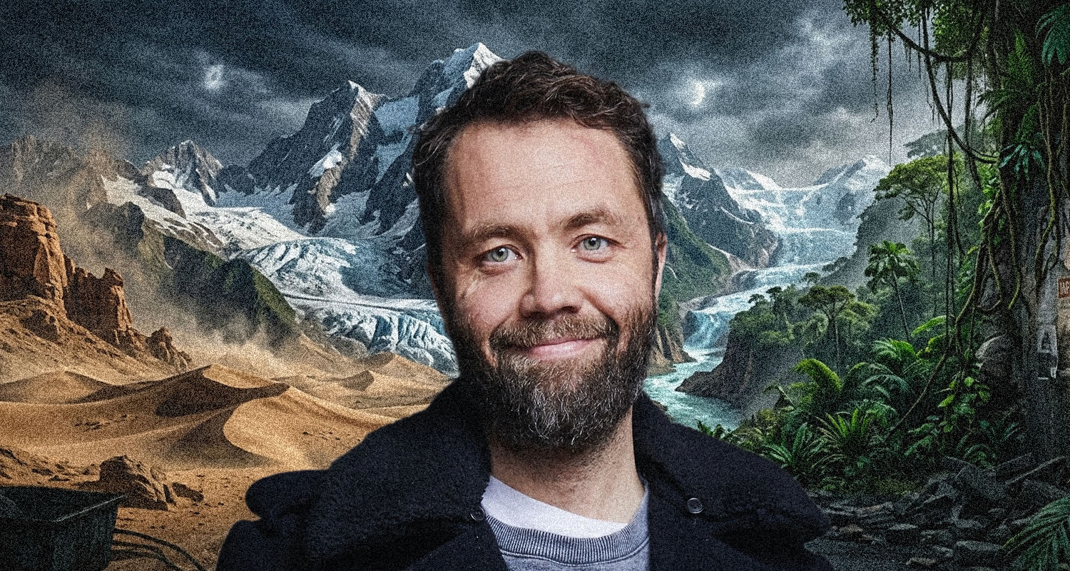 Smiling man with a beard in front of a surreal collage of desert dunes, snow-capped mountains, and a tropical jungle.