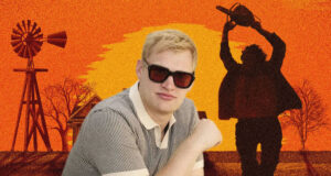 Man in sunglasses posed in front of an orange sunset collage with a windmill and a silhouette raising a trophy in the background.
