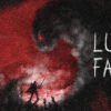 Dark, moody game cover: silhouette with a sword in red fog, reaching from a shadowy landscape; title 'LUCID FALLS' on the right