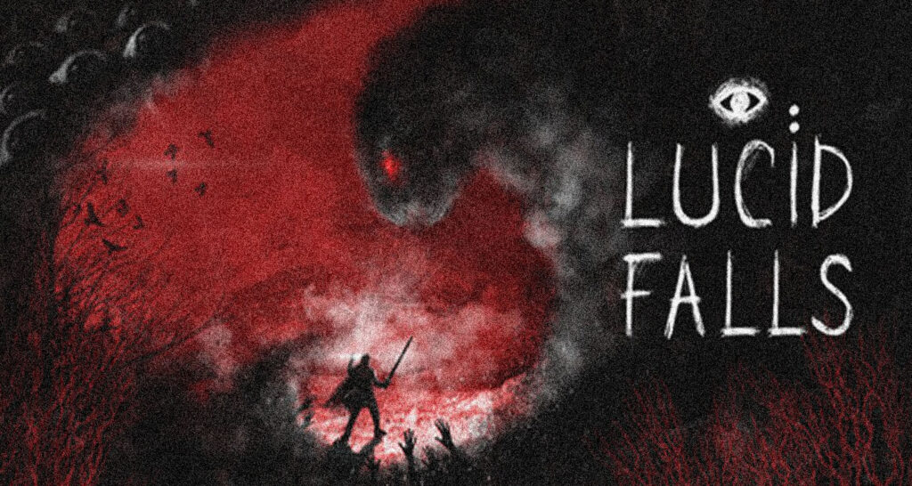 Dark, moody game cover: silhouette with a sword in red fog, reaching from a shadowy landscape; title 'LUCID FALLS' on the right