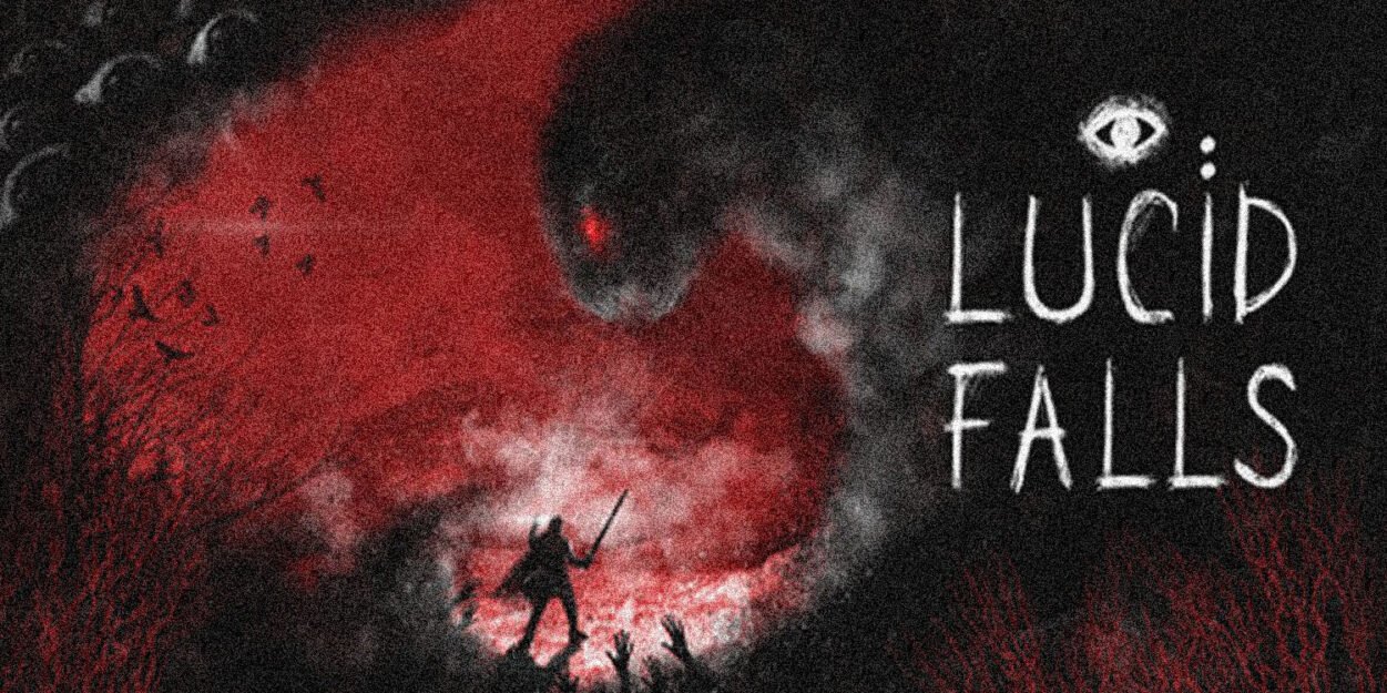 Dark, moody game cover: silhouette with a sword in red fog, reaching from a shadowy landscape; title 'LUCID FALLS' on the right