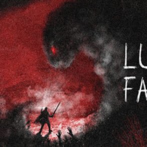 Dark, moody game cover: silhouette with a sword in red fog, reaching from a shadowy landscape; title 'LUCID FALLS' on the right