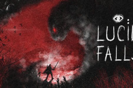 Dark, moody game cover: silhouette with a sword in red fog, reaching from a shadowy landscape; title 'LUCID FALLS' on the right