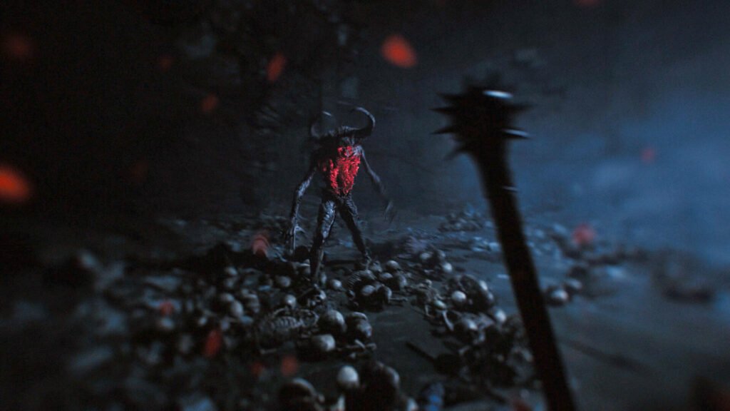 Dark cavern scene with a horned demon standing among a pile of skulls, illuminated by red glow from its chest? area glow in blue-tinted fog.