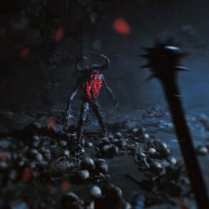 Dark cavern scene with a horned demon standing among a pile of skulls, illuminated by red glow from its chest? area glow in blue-tinted fog.