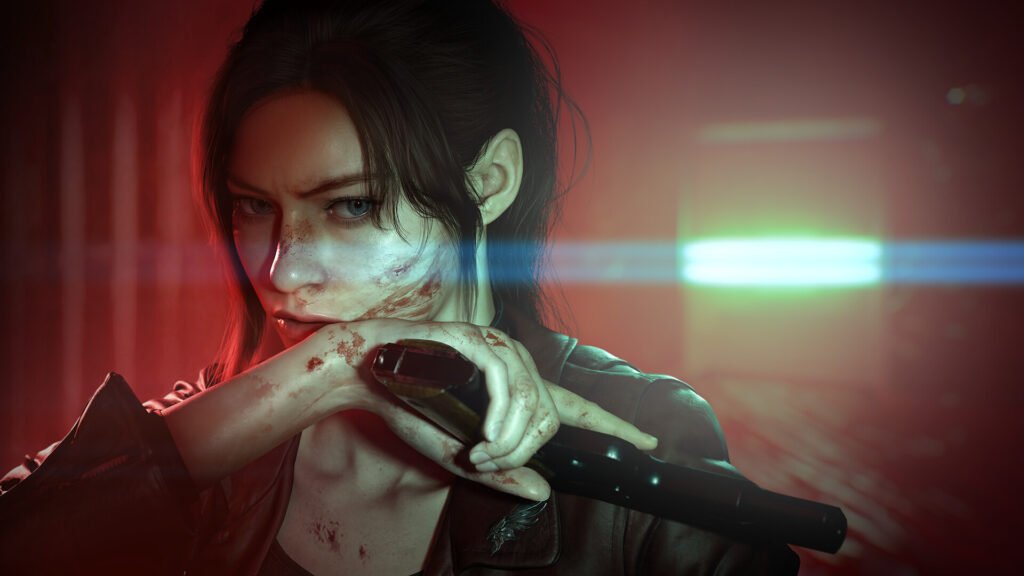 Woman with a bruised, bloody face gripping a bat in a dim scene lit by red and blue police lights, looking tense.