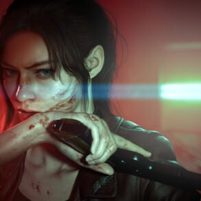 Woman with a bruised, bloody face gripping a bat in a dim scene lit by red and blue police lights, looking tense.