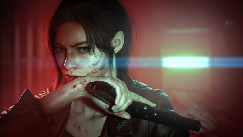 Woman with a bruised, bloody face gripping a bat in a dim scene lit by red and blue police lights, looking tense.