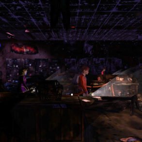 A woman with purple hair and choker stands in a dim, ruined store listening or watching others amid scattered debris and dim neon light to the right.