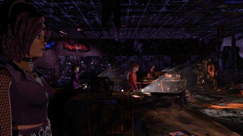 A woman with purple hair and choker stands in a dim, ruined store listening or watching others amid scattered debris and dim neon light to the right.
