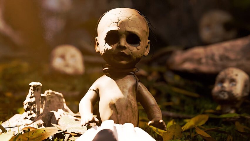 Cracked baby doll sitting on fallen leaves in a dim yard, with another doll blurred in the background.