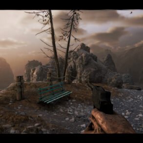 First-person view on a rocky cliff with a handgun, weathered bench, and rope railing overlooking a hazy canyon at sunset.