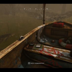 Rusty wooden boat on a murky brown river, a red fuel can on the deck and a small baby doll in a red life-ring inside the boat; swampy, foggy surroundings with a crocodile near the water.