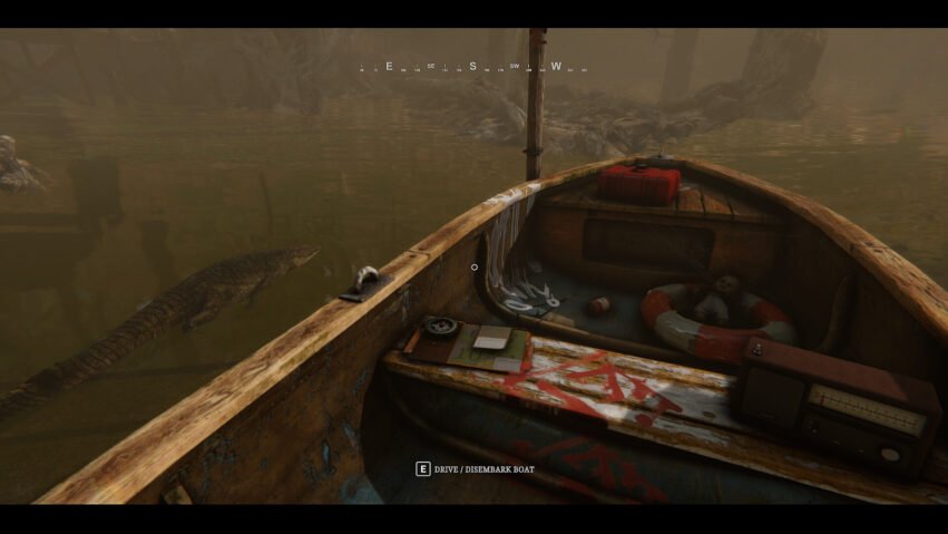 Rusty wooden boat on a murky brown river, a red fuel can on the deck and a small baby doll in a red life-ring inside the boat; swampy, foggy surroundings with a crocodile near the water.