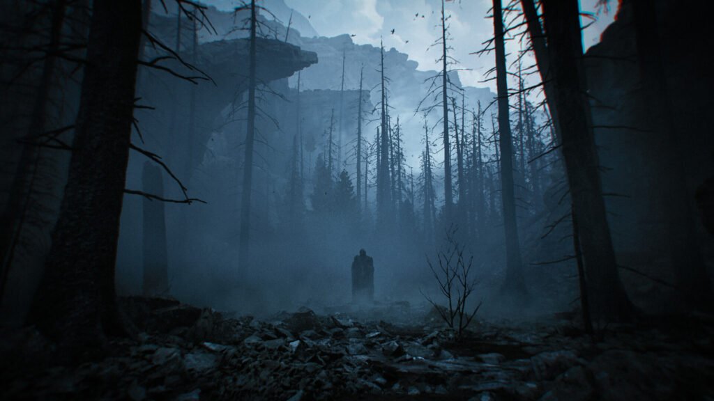 Dark, blue-tinged forest with fog and many dead trees; a lone cloaked figure stands in the mist.
