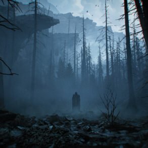 Dark, blue-tinged forest with fog and many dead trees; a lone cloaked figure stands in the mist.