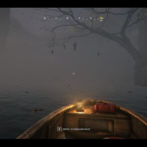 In-game view from a small boat on a foggy river, with a glowing lantern and a spooky tree with hanging figures in the distance.