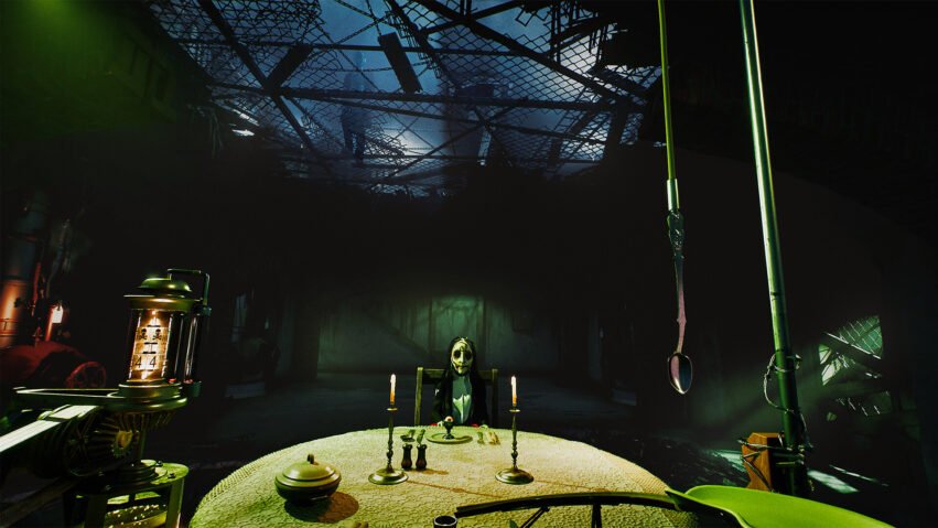 Dim dungeon-like room with a round lace-covered table, lit by candles, and a masked figure seated at the head.