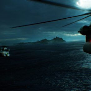 Two military helicopters hover over a dark, choppy sea at dusk, with a distant island and shoreline in the background.