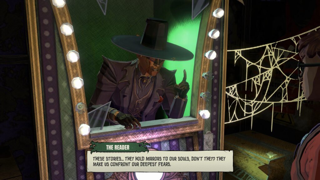 Villain in a carnival mirror booth, wearing a wide hat, lit by bright bulbs with a green glow behind, captioned panel about facing fears.