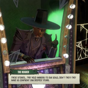 Villain in a carnival mirror booth, wearing a wide hat, lit by bright bulbs with a green glow behind, captioned panel about facing fears.