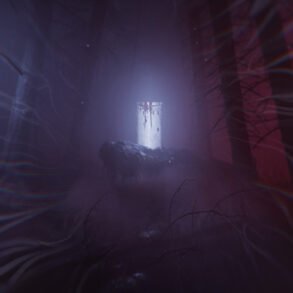 Glowing bottle resting on a rock in a dark misty forest, emitting a soft purple light.