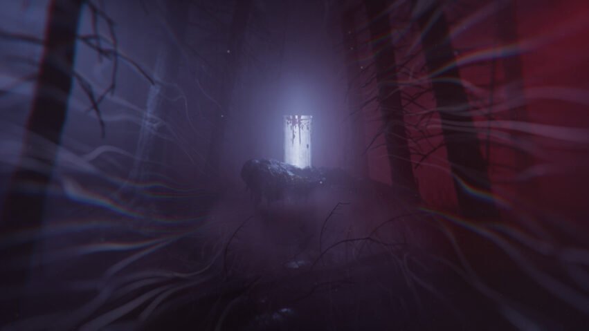Glowing bottle resting on a rock in a dark misty forest, emitting a soft purple light.