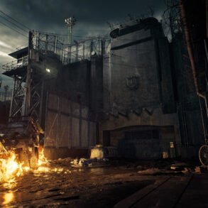 Ominous detention complex at dusk with tall concrete walls, barbed wire, and a fire burning in the rubble at the front.