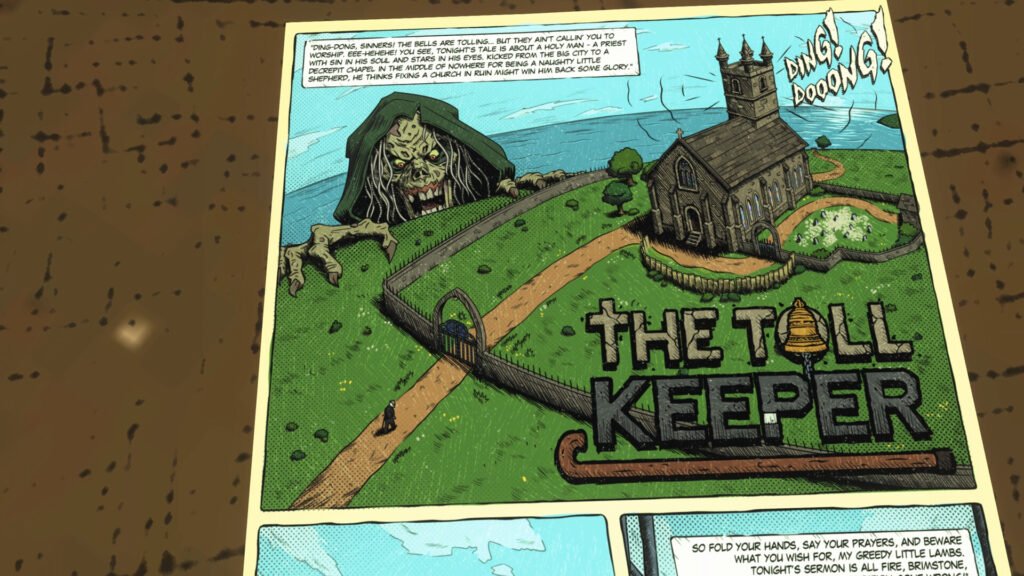 Comic cover: a stone church by the sea with a monstrous green hag emerging from a tunnel near the fence, title 'The Toll Keeper' visible.
