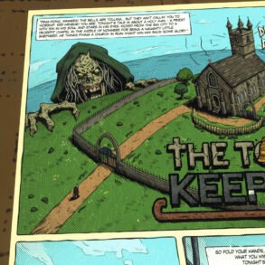 Comic cover: a stone church by the sea with a monstrous green hag emerging from a tunnel near the fence, title 'The Toll Keeper' visible.