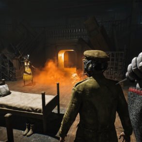 First-person view of a dark, dilapidated room with a figure in a military coat and gas mask facing a woman in a yellow dress amid orange smoke and glowing doorway in the background.