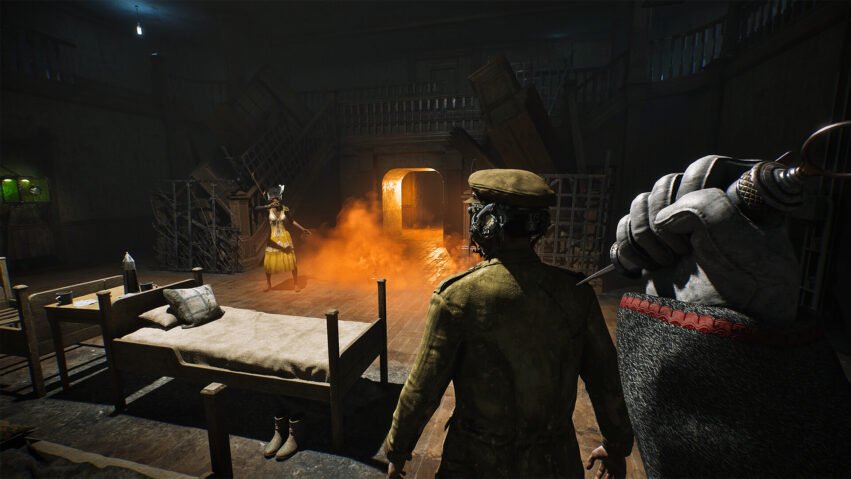 First-person view of a dark, dilapidated room with a figure in a military coat and gas mask facing a woman in a yellow dress amid orange smoke and glowing doorway in the background.