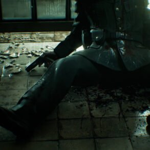 Person in dark clothing sits on a bloodstained tiled floor, a handgun in hand and shattered glass scattered around a dim room.