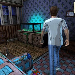Man in a white shirt and jeans stands in a dilapidated living room, facing a large fish tank on a cabinet.