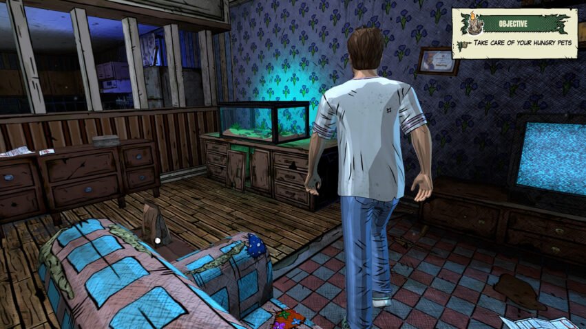 Man in a white shirt and jeans stands in a dilapidated living room, facing a large fish tank on a cabinet.
