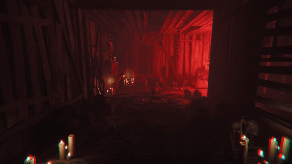 Red-lit attic scene with scattered bones, skulls, and candles around a ritual space, casting eerie shadows on wooden beams and a windowed wall.
