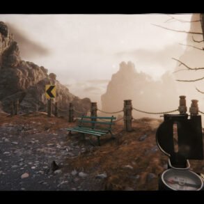Rugged mountain path with rocky cliff on the left, yellow chevron signs, rope railing, and a green bench along a misty overlook.