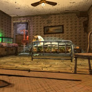 Dilapidated bedroom with peeling wallpaper, a metal-framed bed, a person sitting up in bed, and an IV stand by the footboard.
