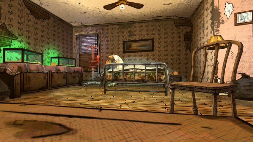 Dilapidated bedroom with peeling wallpaper, a metal-framed bed, a person sitting up in bed, and an IV stand by the footboard.