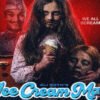 Horror movie poster for Ice Cream Man: a girl in white holds an ice cream, a bloodied man lies beside her; the text 'WE ALL SCREAM' appears in red.