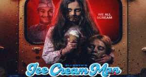 Horror movie poster for Ice Cream Man: a girl in white holds an ice cream, a bloodied man lies beside her; the text 'WE ALL SCREAM' appears in red.