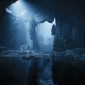 Dark cave interior with a blue glow filtering through an opening; rocky walls, a shallow pool, and distant trees beyond a stairway.